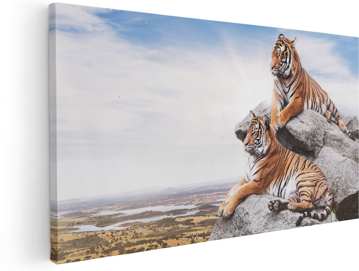 Artaza Canvas Schilderij Twee Tijgers Op Rotsen Met Het Blauwe Lucht - 180x90 cm - Groot - Wanddecoratie Woonkamer - Schilderijen - Muurdecoratie