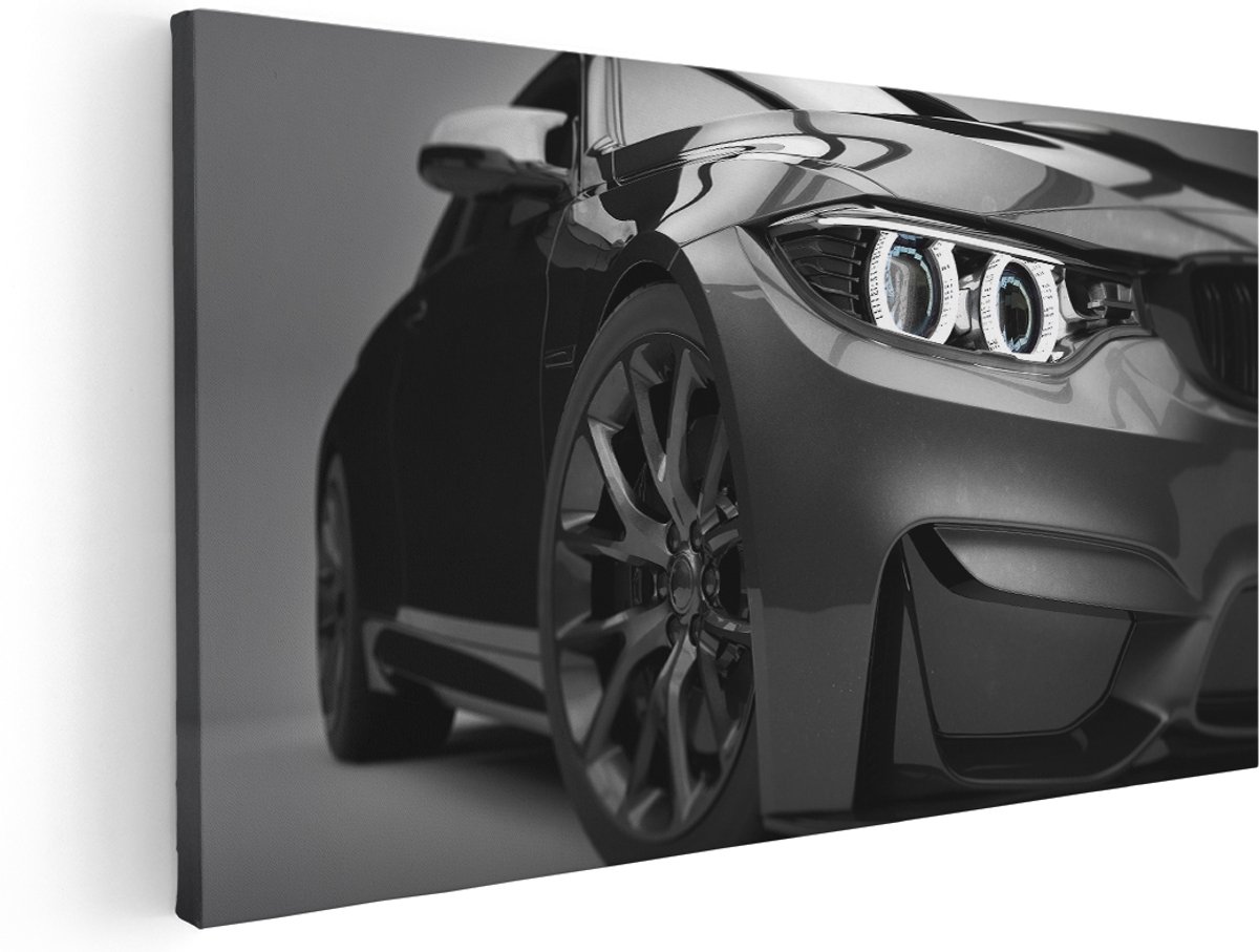 Artaza Canvas Schilderij Grijze Sportwagen Auto - Zwart Wit - 180x90 cm - Groot - Wanddecoratie Woonkamer - Schilderijen - Muurdecoratie