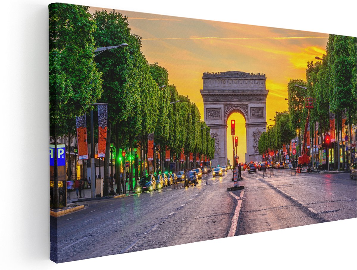 Artaza Canvas Schilderij Arc De Triomphe In Parijs Vanaf De Straat - 180x90 cm - Groot - Wanddecoratie Woonkamer - Schilderijen - Muurdecoratie