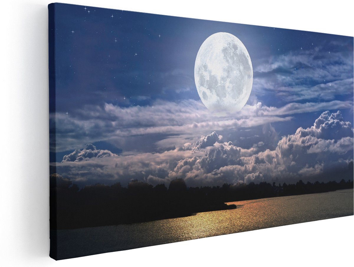 Artaza Canvas Schilderij Volle Maan bij het Water - 180x90 cm - Groot - Wanddecoratie Woonkamer - Schilderijen - Muurdecoratie