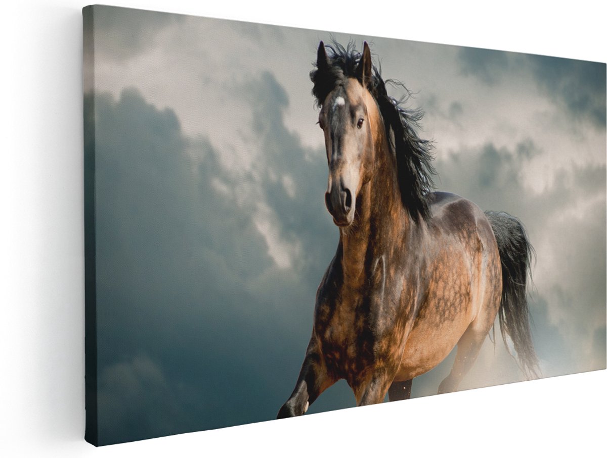 Artaza Canvas Schilderij Wilde Paard In Het Zand - 180x90 cm - Groot - Wanddecoratie Woonkamer - Schilderijen - Muurdecoratie