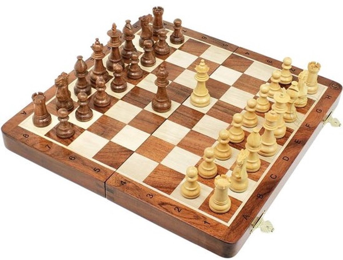 Houten Schaken Set Staunton Stijl - Goudkleurig Acacia Hout Opvouwbaar Bord met Notatie