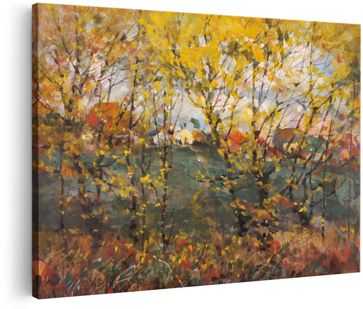 Artaza Canvas Schilderij Herfstlandschap - 180x120 cm - Groot - Wanddecoratie Natuur - Muurdecoratie Bomen - Schilderijen Op Canvas Bos - Geel