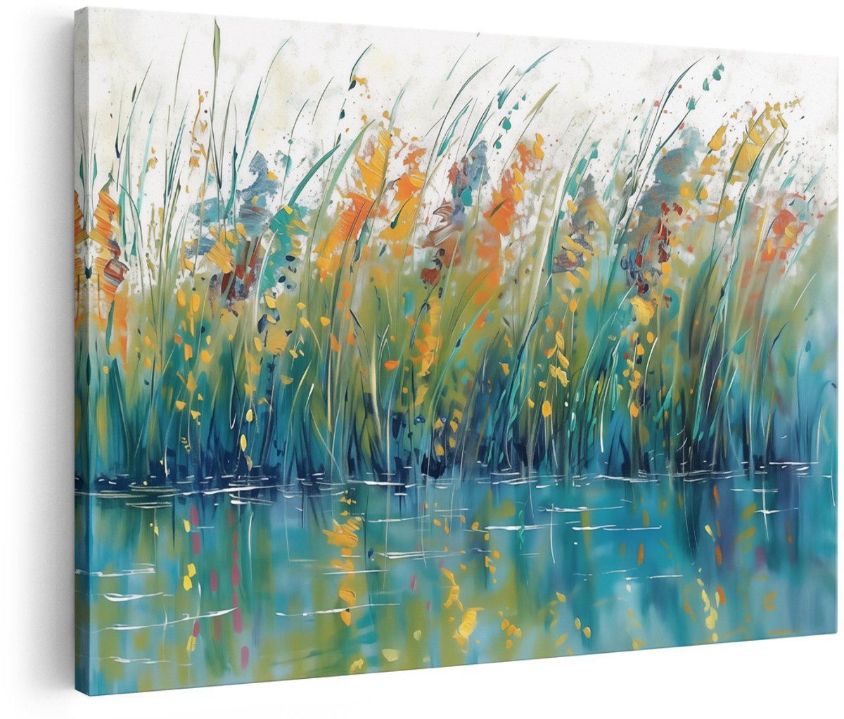 Artaza Canvas Schilderij Kunstwerk van Riet in het Water - Landschap - 180x120 cm - Groot - Wanddecoratie Woonkamer - Schilderijen - Muurdecoratie
