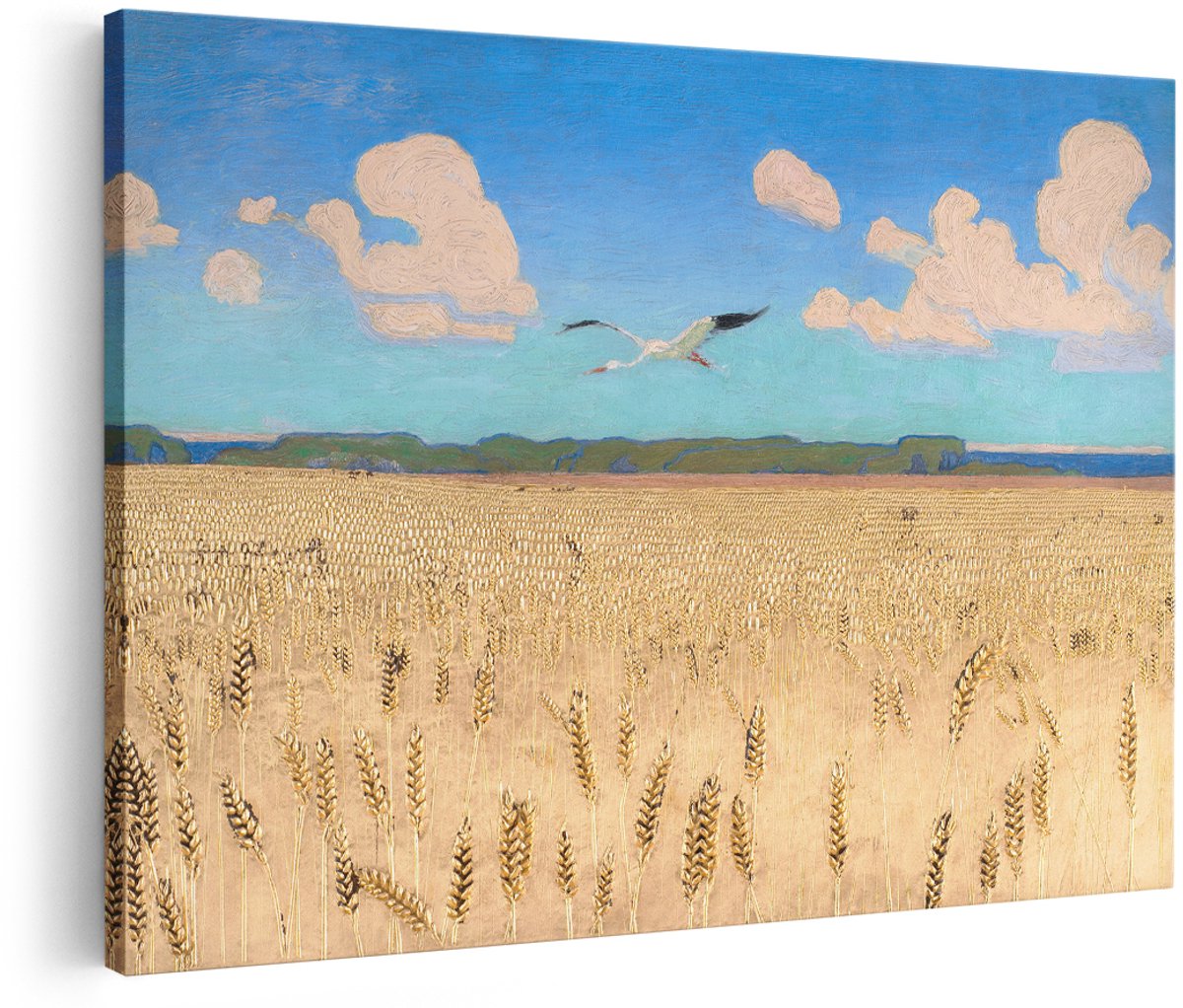 Artaza Canvas Schilderij Ooievaar - 180x120 cm - Groot - Wanddecoratie Tarweveld - Muurdecoratie Vogel - Schilderijen Landschap