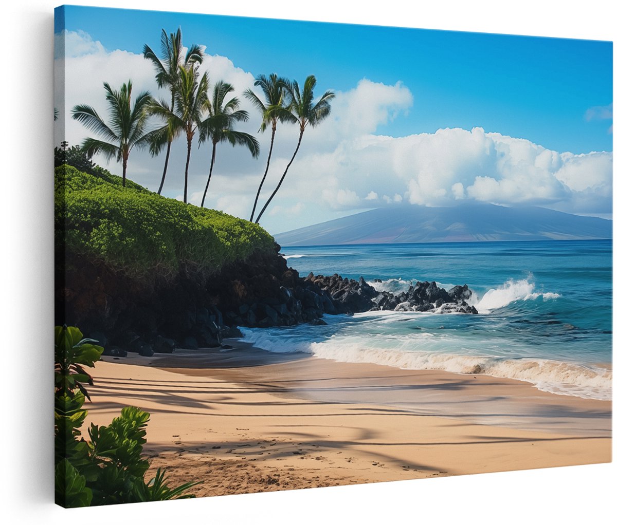 Artaza Canvas Schilderij Strand met Palmbomen en een Berg - 180x120 cm - Groot - Wanddecoratie Woonkamer - Schilderijen - Muurdecoratie