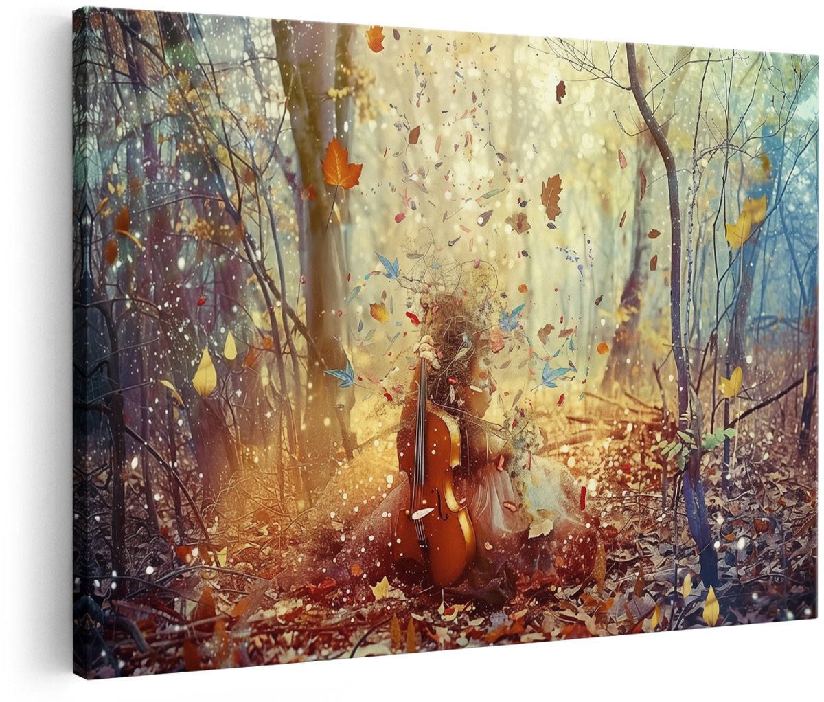 Artaza Canvas Schilderij Meisje met Cello in het Bos - Muziek - 180x120 cm - Groot - Wanddecoratie Woonkamer - Schilderijen - Muurdecoratie