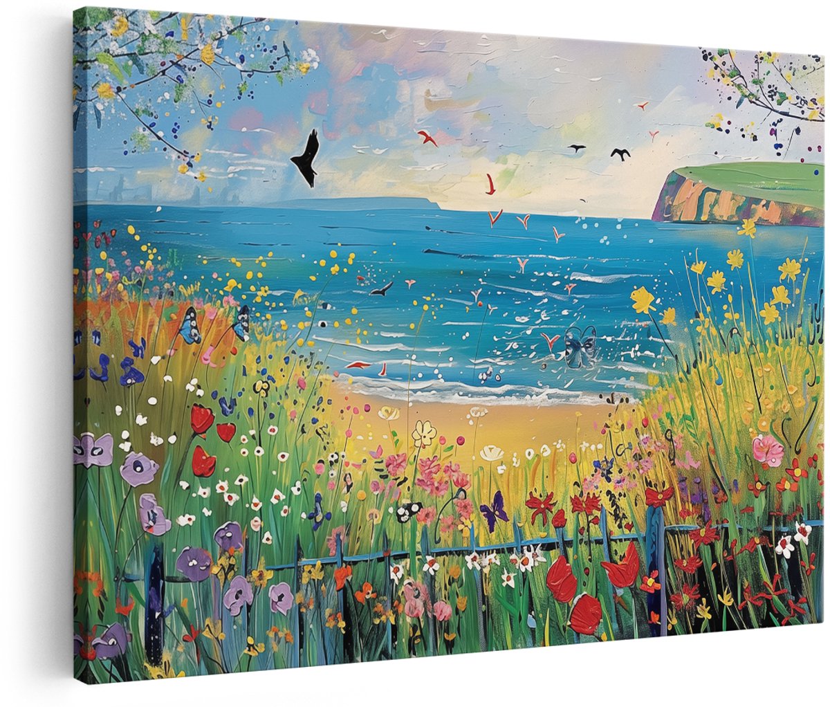 Artaza Canvas Schilderij Strand met Bloemen en Vogels - 180x120 cm - Groot - Wanddecoratie Woonkamer - Schilderijen - Muurdecoratie