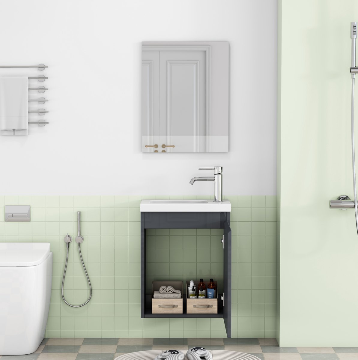 OKWISH Badkamerkast - Wandgemonteerd Wastafelmeubel Met Spiegel En Keramische Wastafel - Greeploos Hoogglans Grijs MDF - 39,8x24,8x48 cm