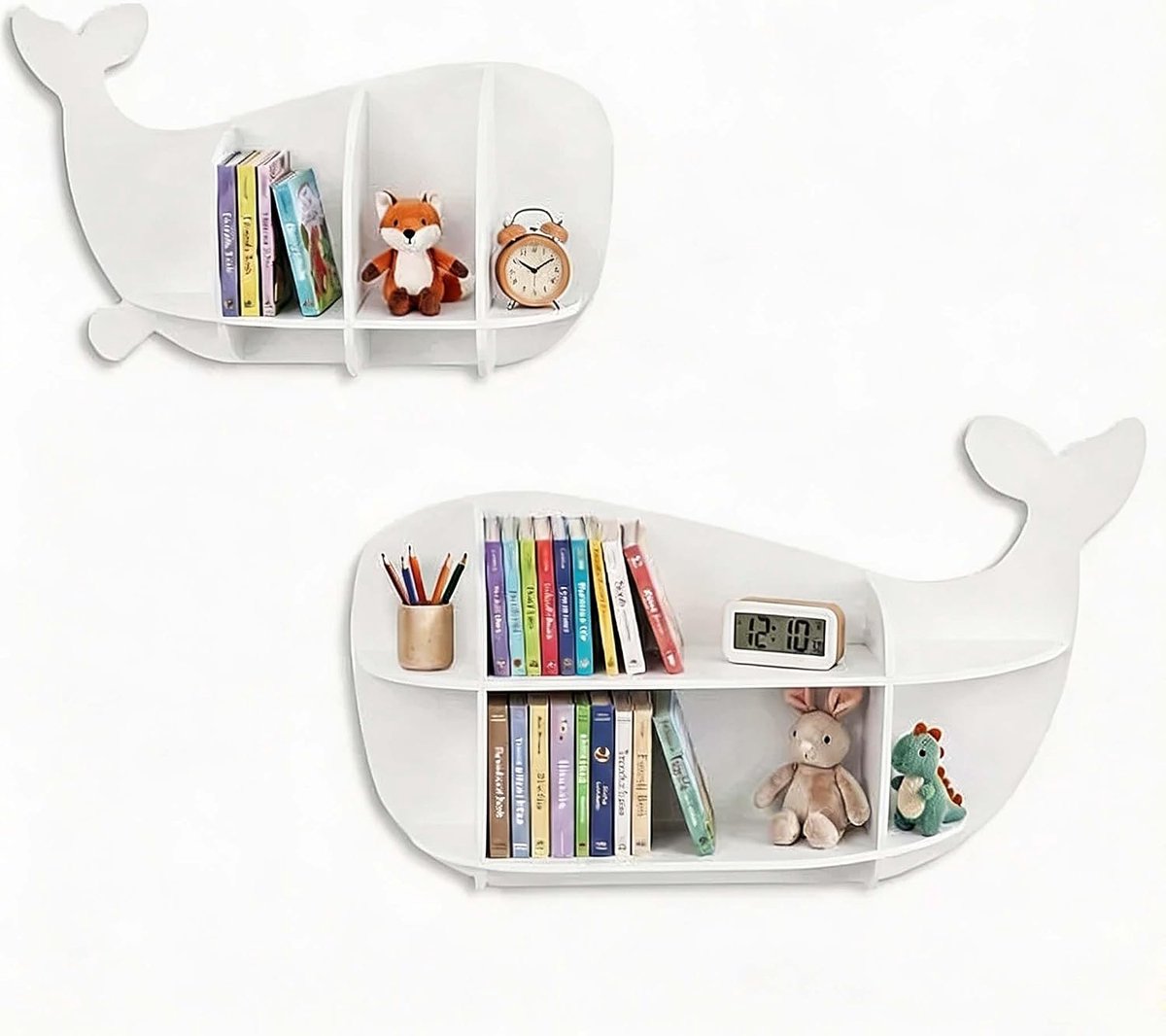 Set van 2 wandplanken – Houten zwevende boekenplank – Speels ontwerp in de vorm van een walvis