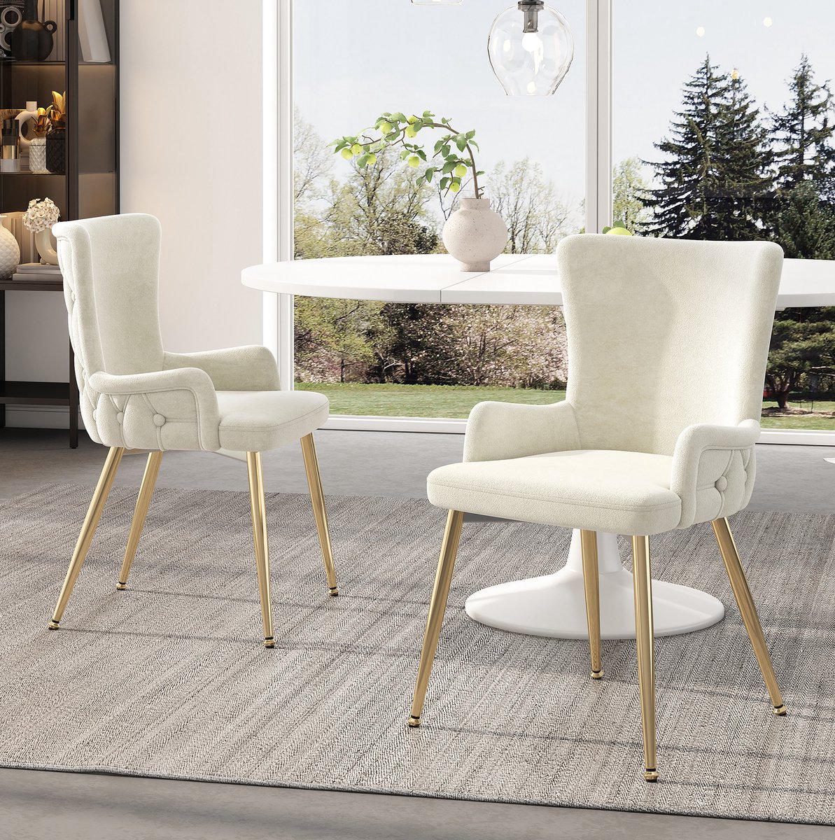 Wishdor Eetkamerstoel - Velvet armleuningen - Gouden metalen poten - Modern design - Woonkamer eetkamer slaapkamer - Beige - 85 x 49 x 47 cm