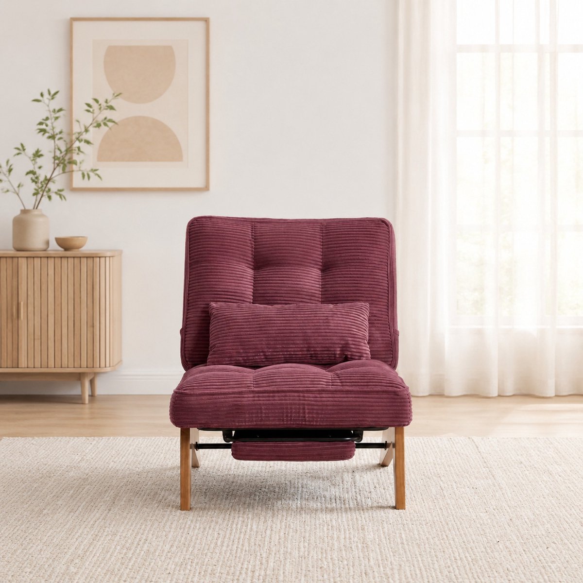 Wishdor Relaxfauteuil - Verstelbare rugleuning - Voetsteun en lendenkussen - Retro - Woonkamer slaapkamer studeerkamer balkon - Ribstof en hout - Bordeauxrood - 127 x 73 x 90 cm
