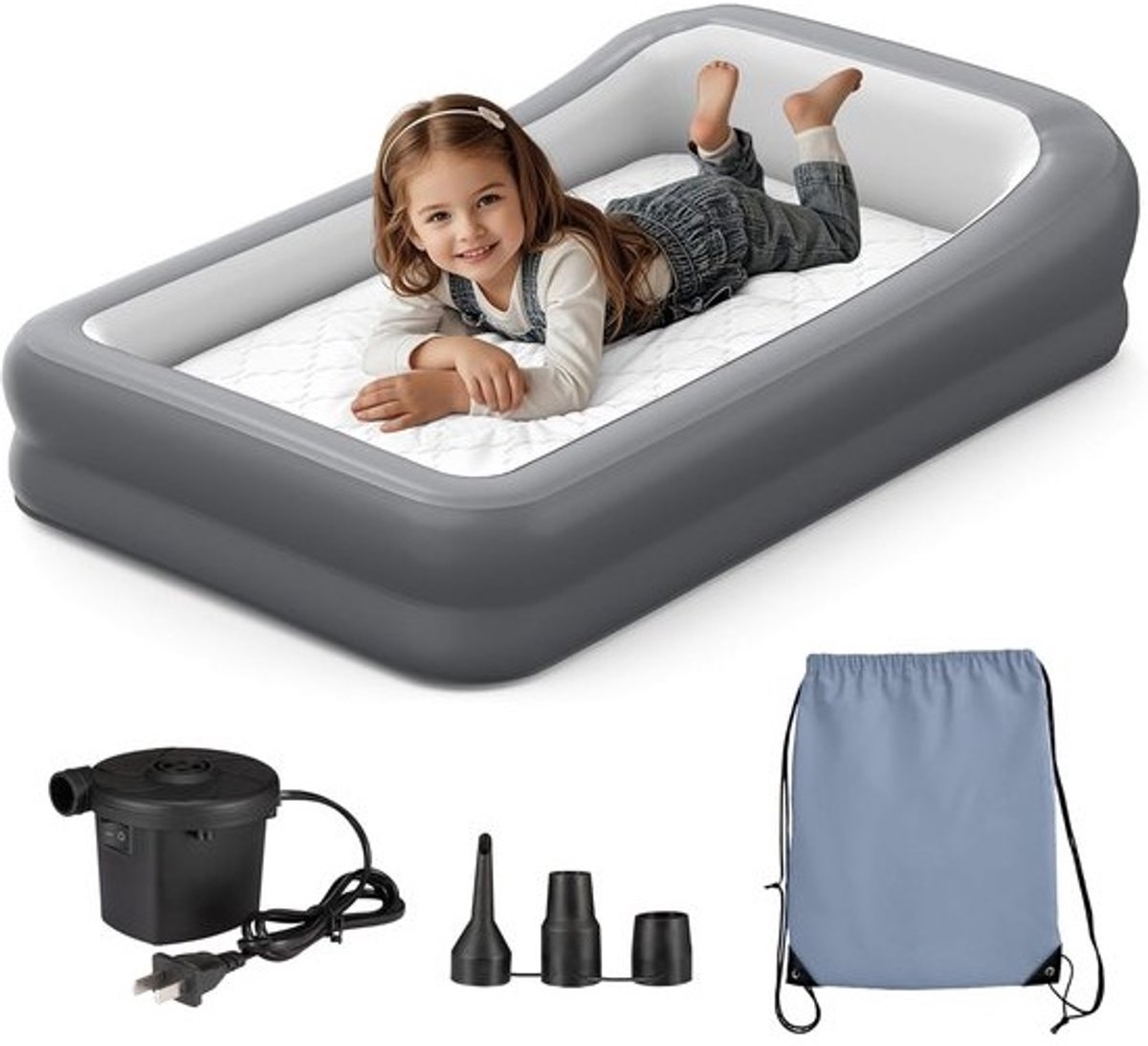 Opblaasbare Peuter Reisbedje Luchtbed Matras Voor Baby’s en Peuters, Ideaal voor Vakantie of Thuis Gebruik Inclusief Handige Pomp en Draagtas