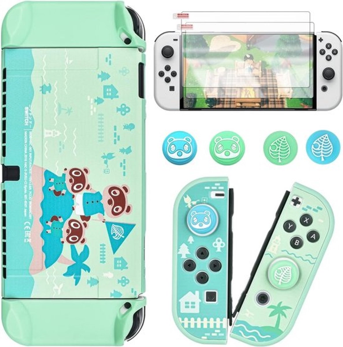 Switch OLED beschermhoes - Stootvaste hardcase met anti-slip grip en gehard glas - Compatibel met Animal Crossing