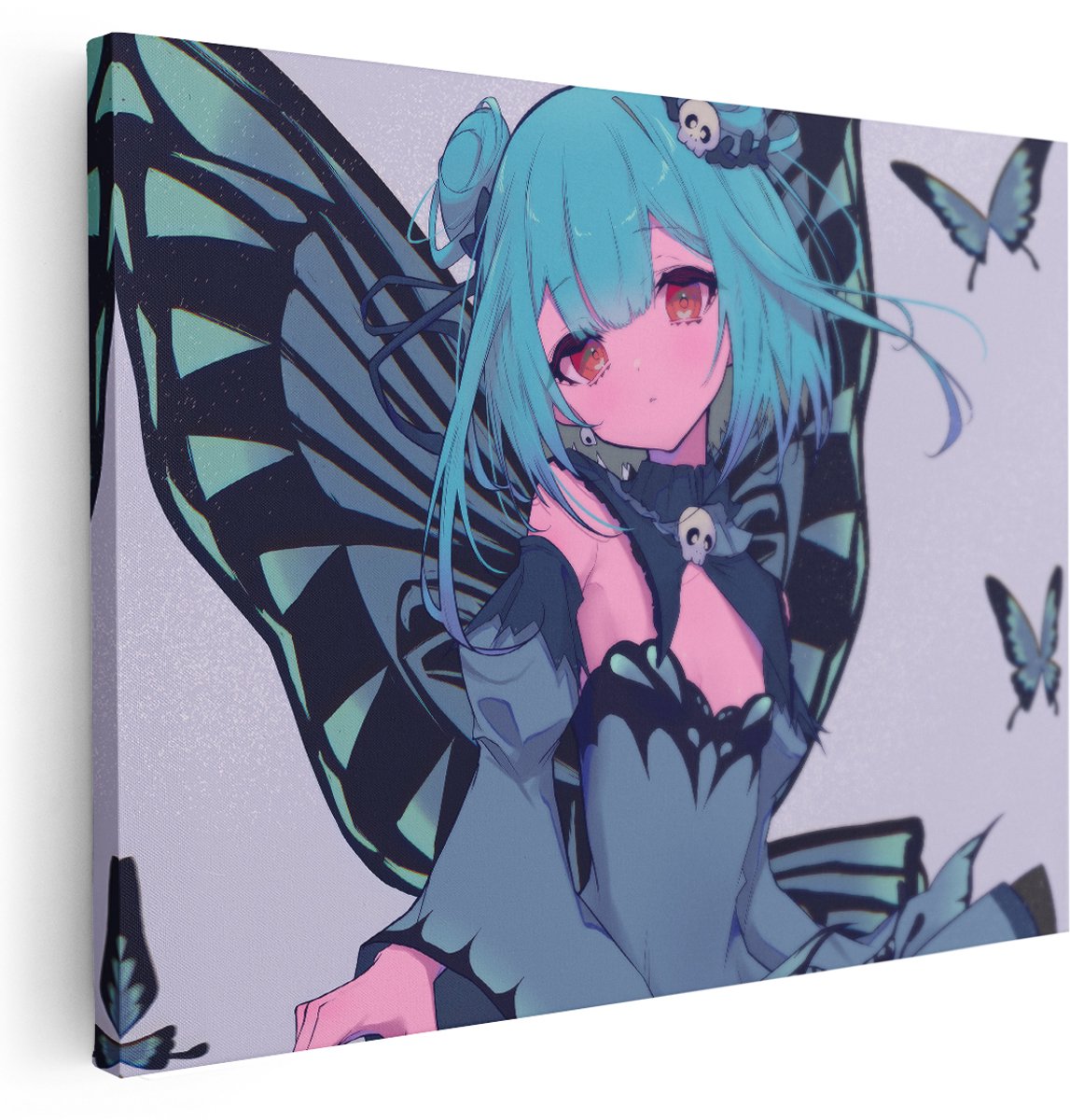 Artaza Canvas Schilderij Anime Vlindermeisje - 160x120 cm - Groot - Wanddecoratie Vlinders - Muurdecoratie Slaapkamer - Kamer Accessoires Blauw