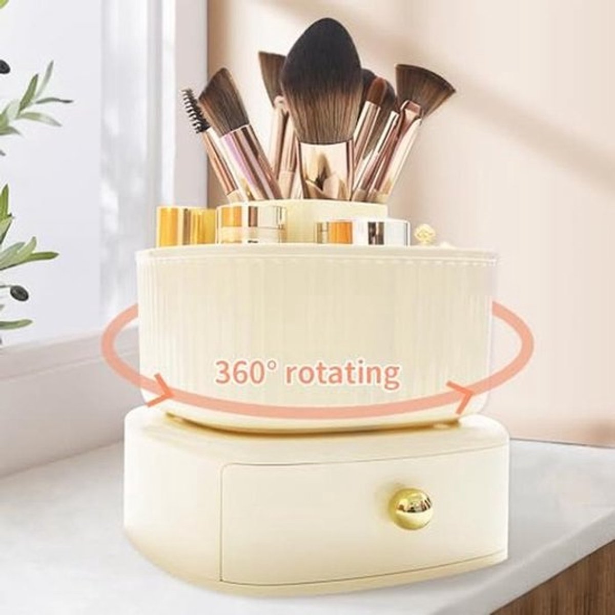 Make-up Organizer met 360° Draaibare Borstelhouder en Lade - Huidverzorging Opbergdoos voor Ijdeltuit Desktop