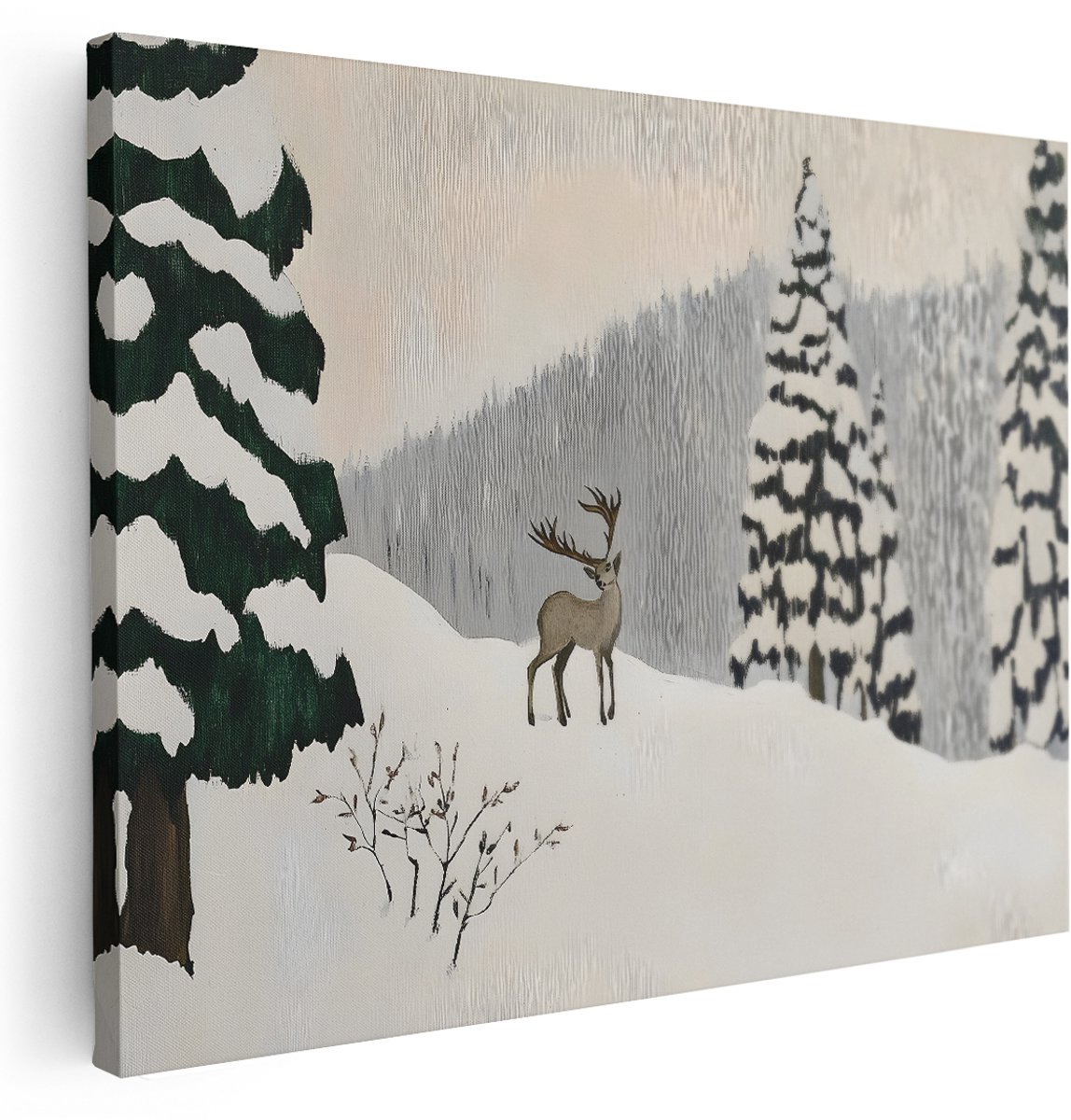 Artaza Canvas Schilderij Winterlandschap - 160x120 cm - Groot - Wanddecoratie Hert Met Gewei - Muurdecoratie Besneeuwde Bomen - Schilderijen Op Canvas