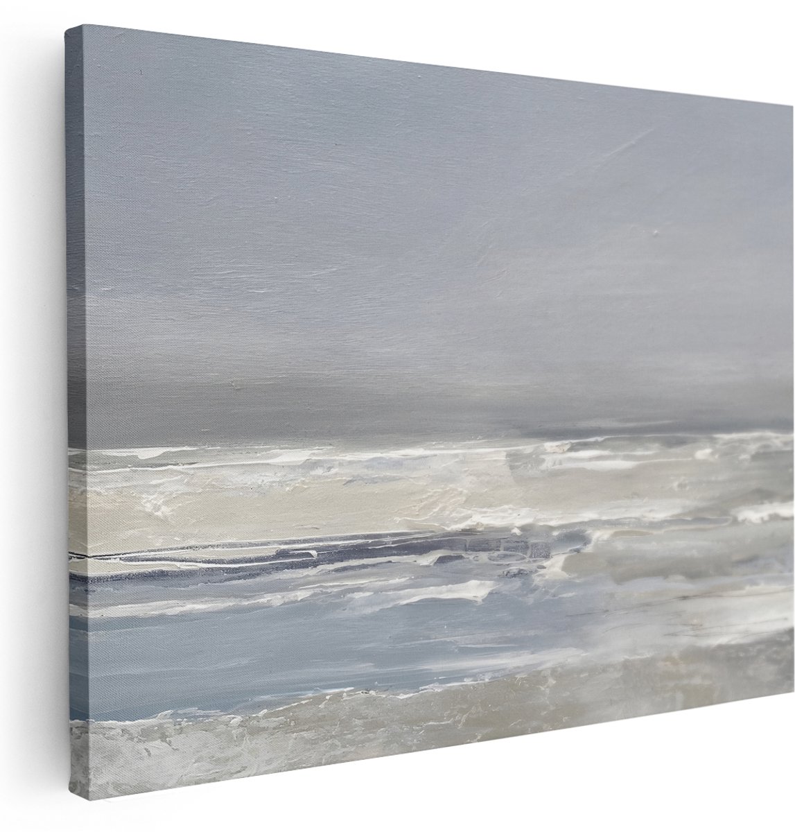 Artaza Canvas Schilderij Zee Landschap - 160x120 cm - Groot - Wanddecoratie Abstract - Muurdecoratie Natuur - Schilderijen Op Canvas Strand - Grijs