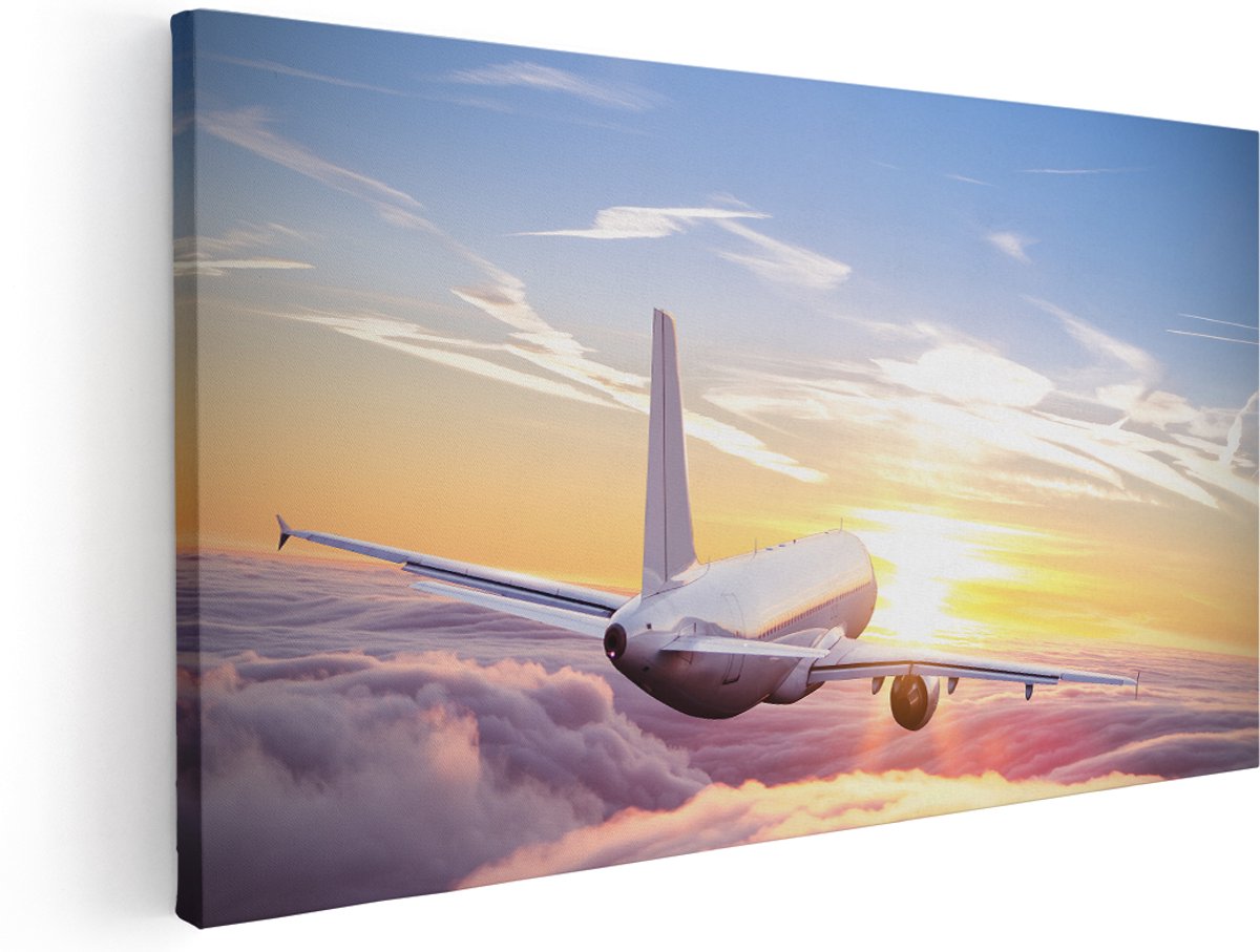 Artaza Canvas Schilderij Vliegtuig In De Wolken Bij Zonsondergang - 180x90 cm - Groot - Wanddecoratie Woonkamer - Schilderijen - Muurdecoratie