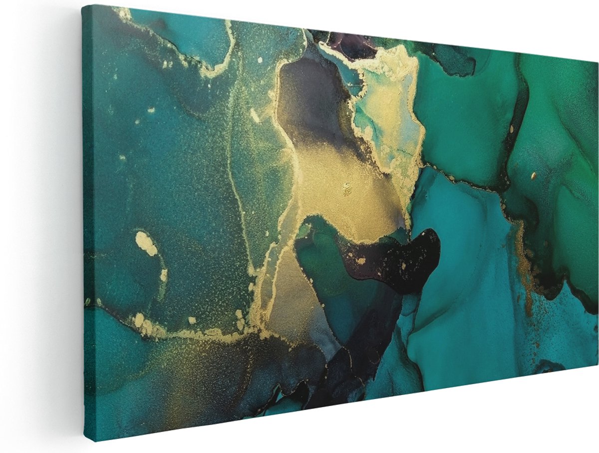 Artaza Canvas Schilderij Abstracte Kunst - Groen met Goud - 180x90 cm - Groot - Wanddecoratie Woonkamer - Schilderijen - Muurdecoratie