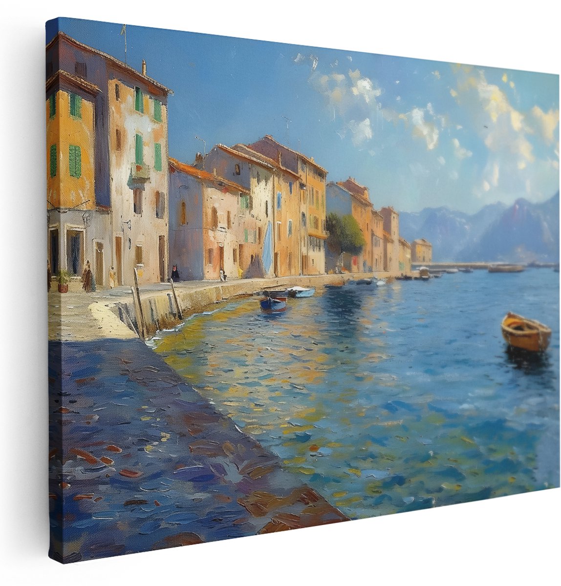 Artaza Canvas Schilderij Mediterraan Landschap - 160x120 cm - Groot - Wanddecoratie Haven Boten - Muurdecoratie Olieverf - Schilderijen Op Canvas