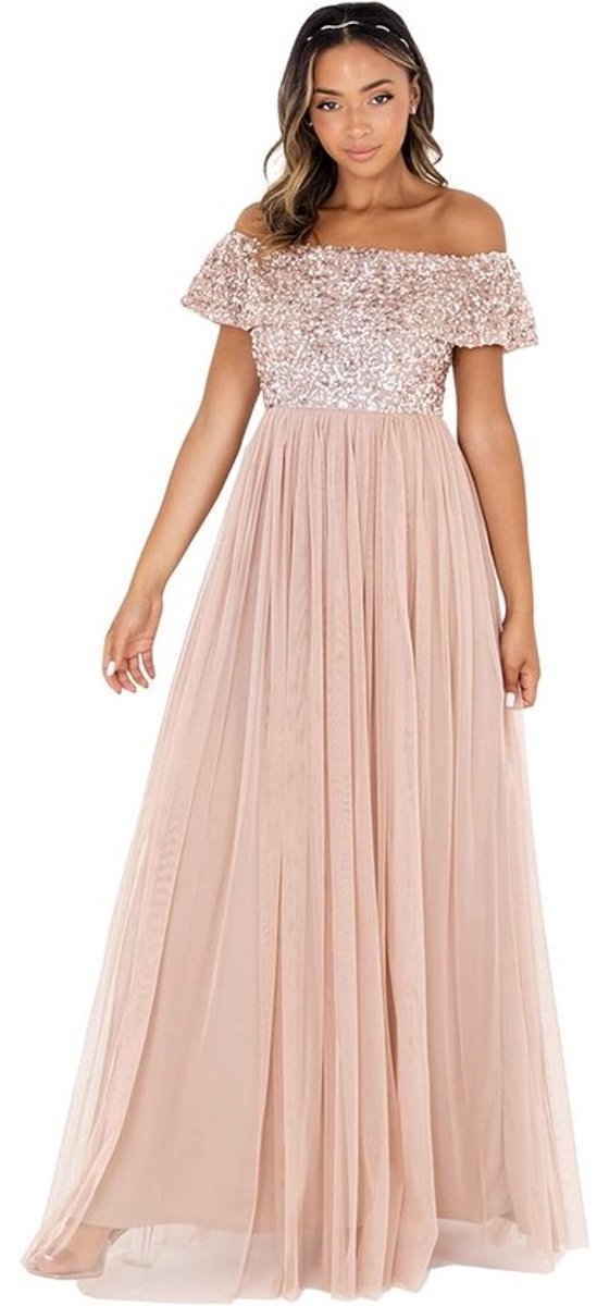 Lange Bardot Maxi Jurk Dames met Pailletten en Tule Rok - Perfect voor Bruiloft en Gala