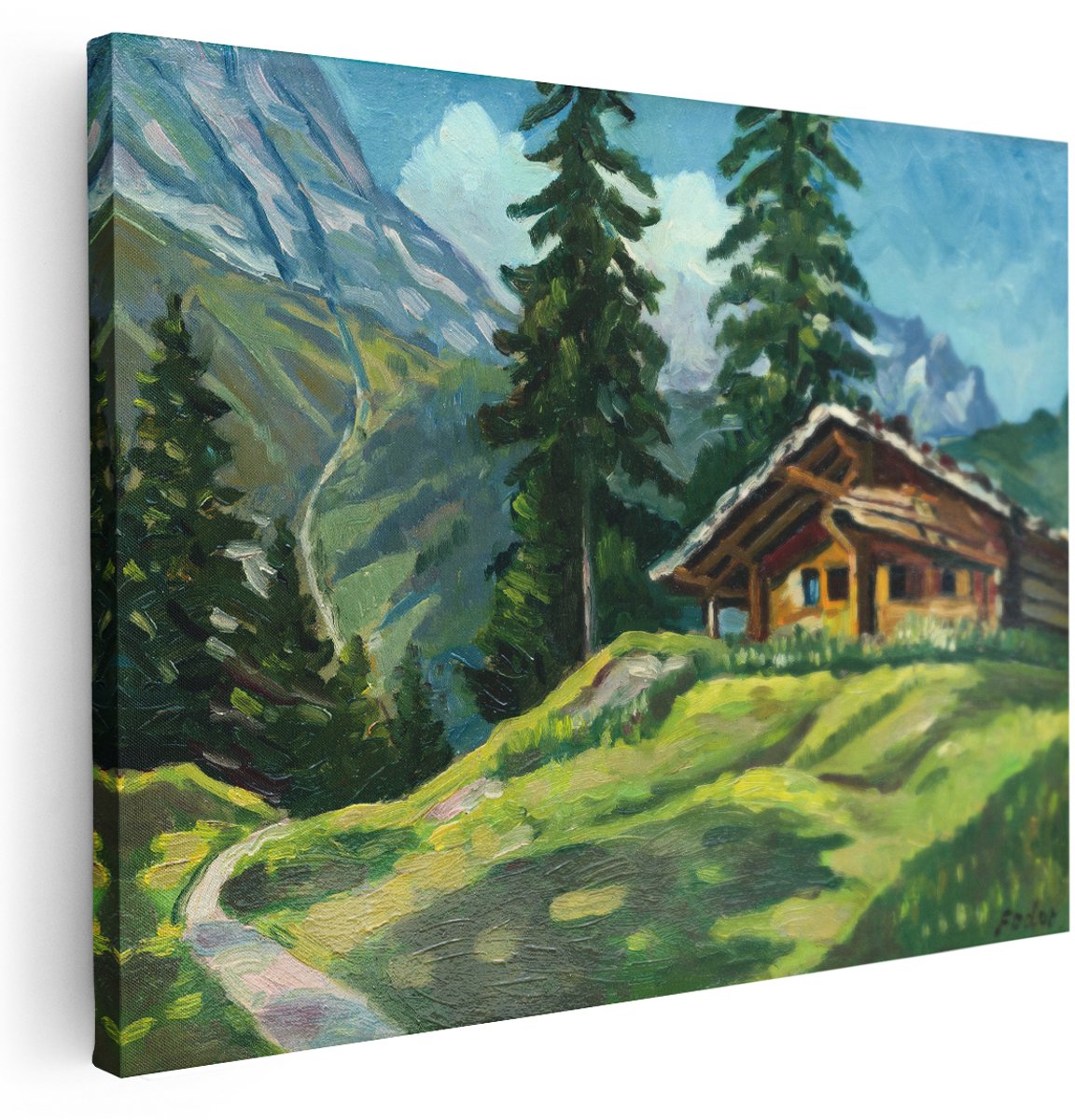 Artaza Canvas Schilderij Bergen - 160x120 cm - Groot - Wanddecoratie Olieverf Landschap - Muurdecoratie Alpen Chalet - Kamer Accessoires Natuur