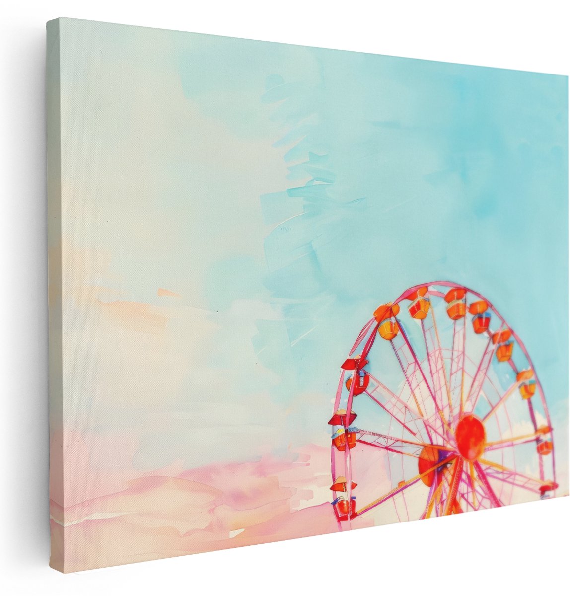 Artaza Canvas Schilderij Kermis Reuzenrad - 160x120 cm - Groot - Wanddecoratie Waterverf - Muurdecoratie Pastel Roze - Schilderijen Op Canvas