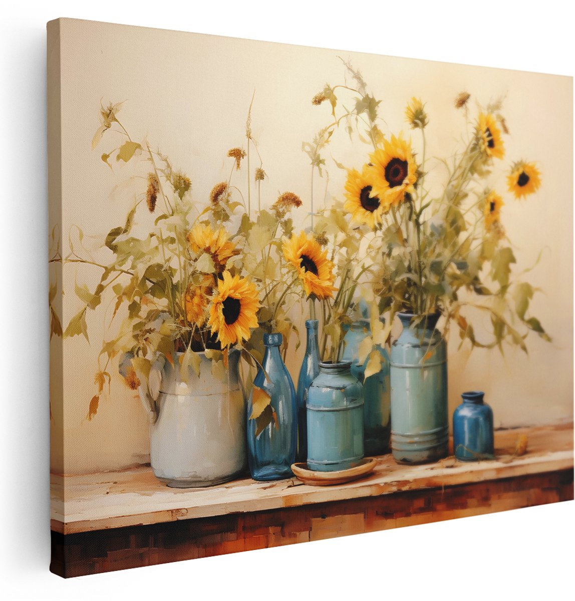 Artaza Canvas Schilderij Stilleven Bloemen - 160x120 cm - Groot - Wanddecoratie Landelijk - Muurdecoratie Zonnebloemen - Schilderijen Blauwe Vazen