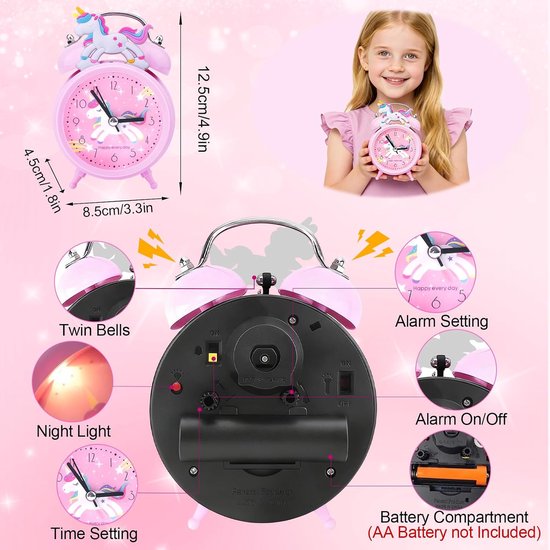 Kinderwekker Eenhoorn - Stille wekker - Wakker worden - Nachtlampje aanwezig - 12.5 cm - Roze — afbeelding 4