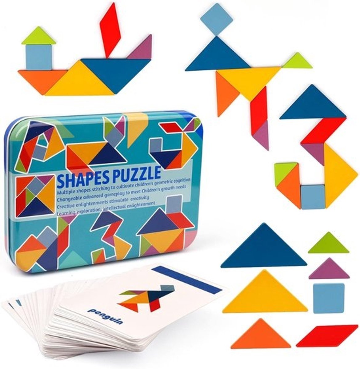 Tangram Puzzels voor Kinderen - 68 Stuks Houten Spellen voor 3-6 Jaar