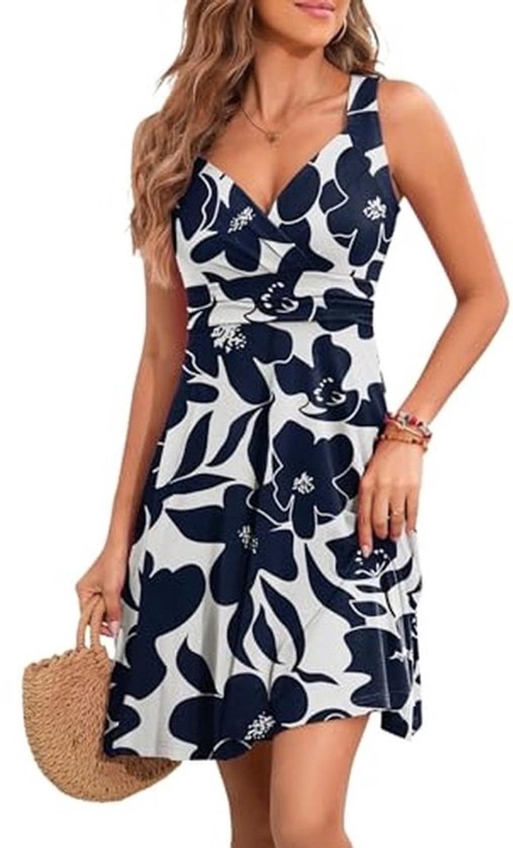 Zomerse V-hals Jurk voor Vrouwen - Mouwloos Midi Floral Patroon Strandjurk
