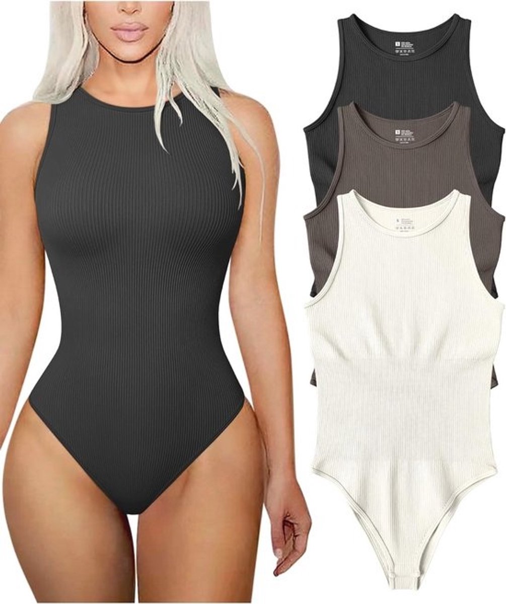 3-delige Dames Bodysuits - Sexy Geribbelde Mouwloze Halternek Shapewear