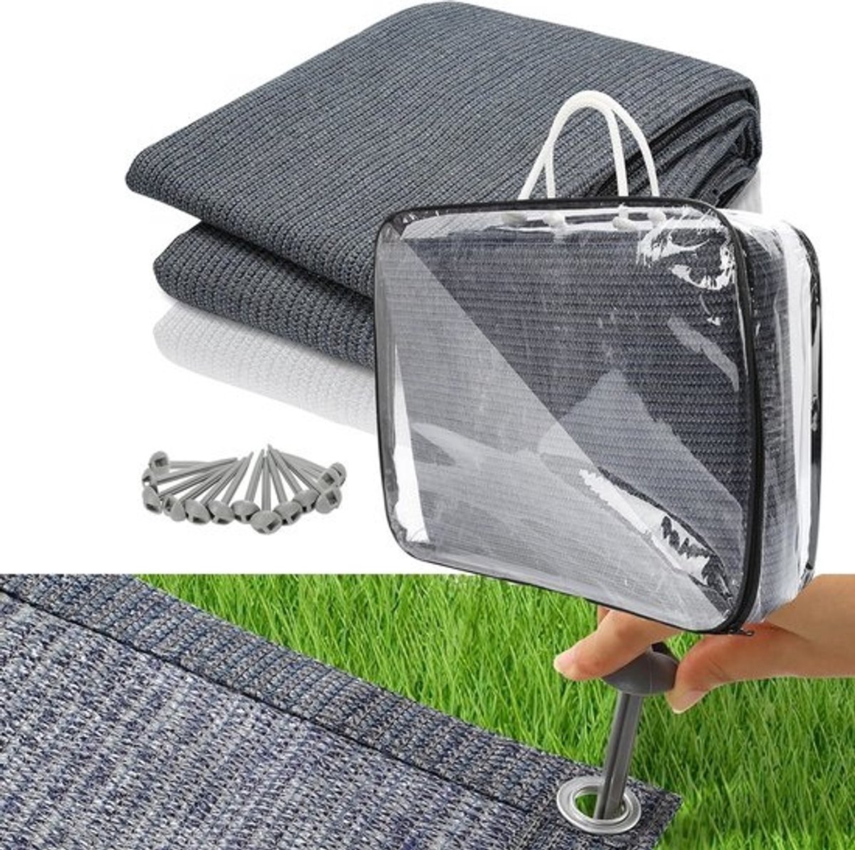 Awning Rug 250 x 550 cm - Ademend Camping Tapijt - Wasbaar, Schimmelvrij, Antislip, UV-Bestendig met 12 Gaten en 13 Haringen