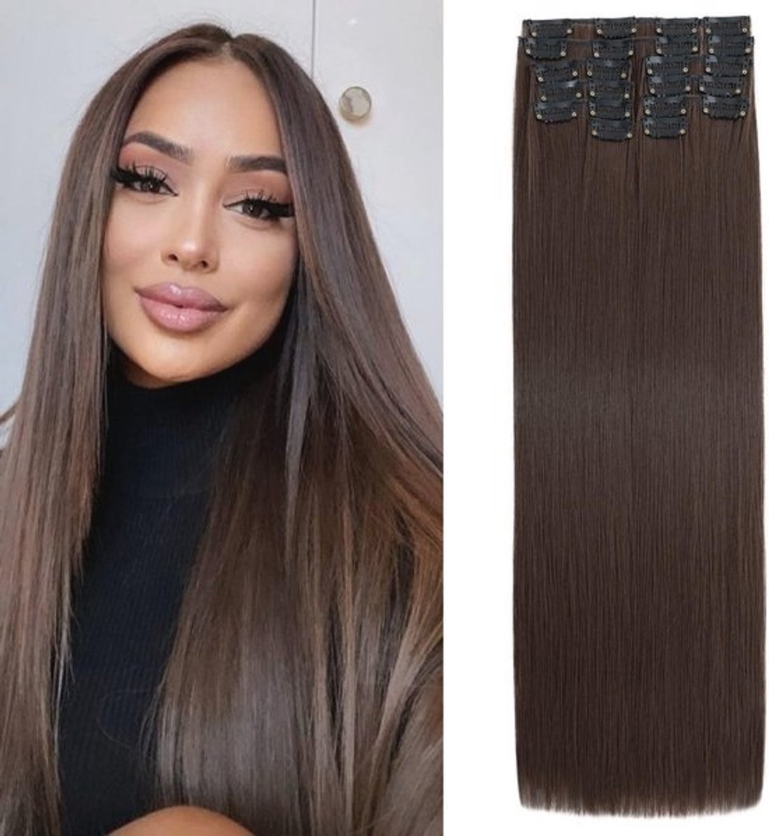 Clip-In Haar Extensions 56 cm - 12 Stuks - Recht - Synthetisch Lang Haar - Lichtbruin