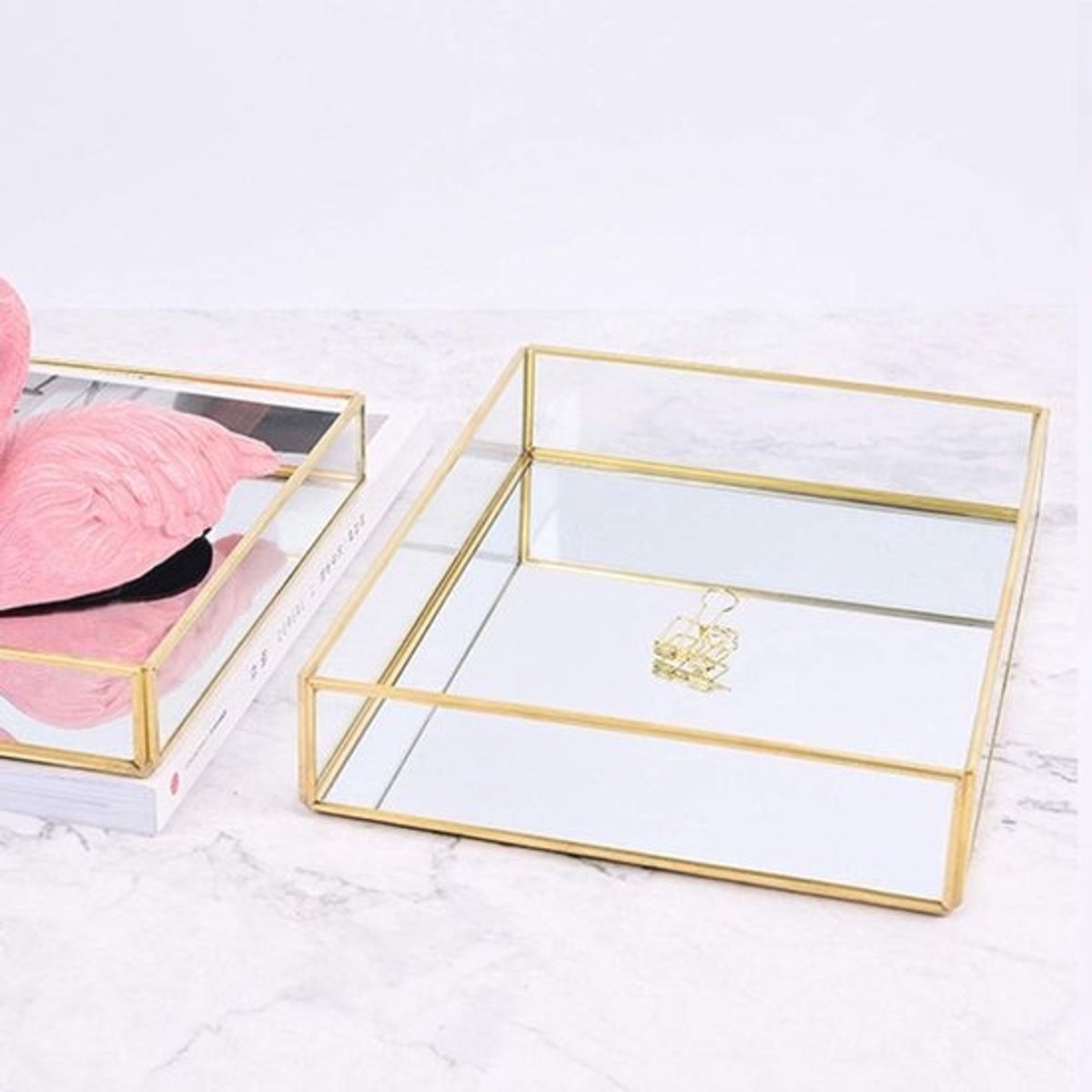 Vintage Make-up Tassen - Metalen Glazen Opbergdoos met Gouden Dienblad voor Sieraden en Cosmetica