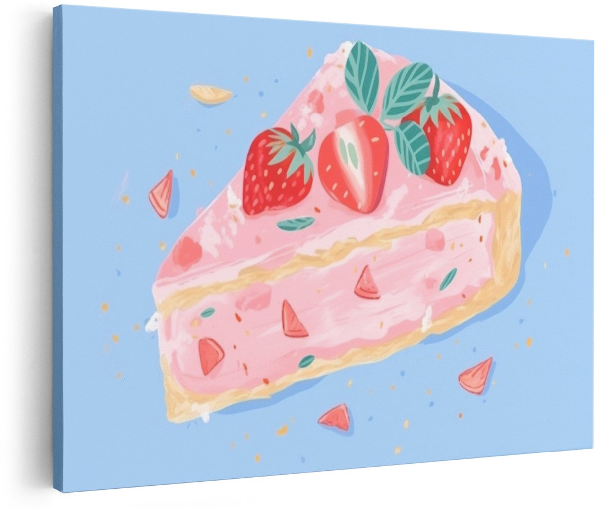 Artaza Canvas Schilderij Aardbeientaart - 150x100 cm - Groot - Wanddecoratie Eten - Muurdecoratie Keuken - Decoratie Fruit - Roze