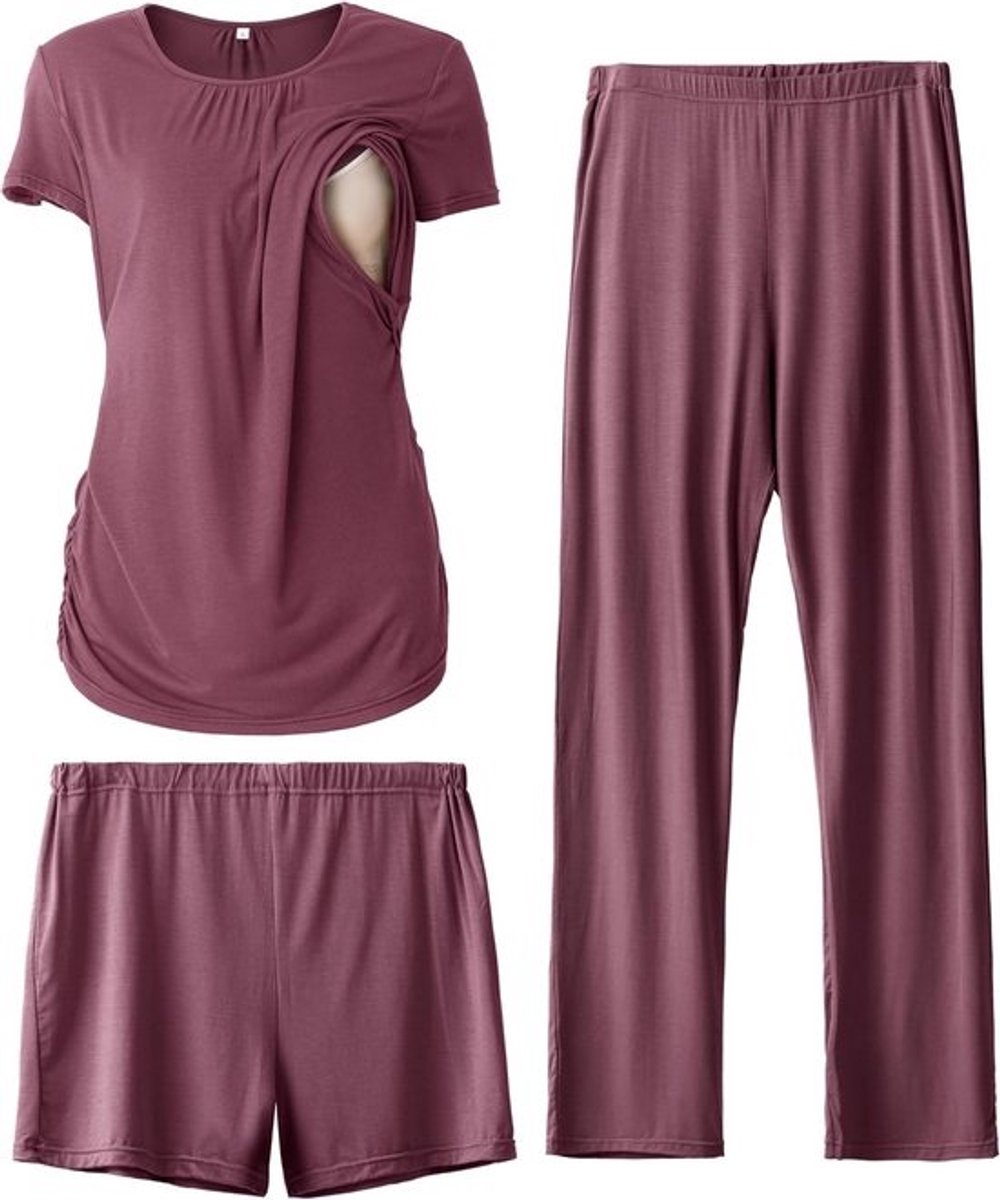 Zwangerschapspyjama Set 3-Delig met Korte Mouw T-shirt, Shorts en Lange Broek
