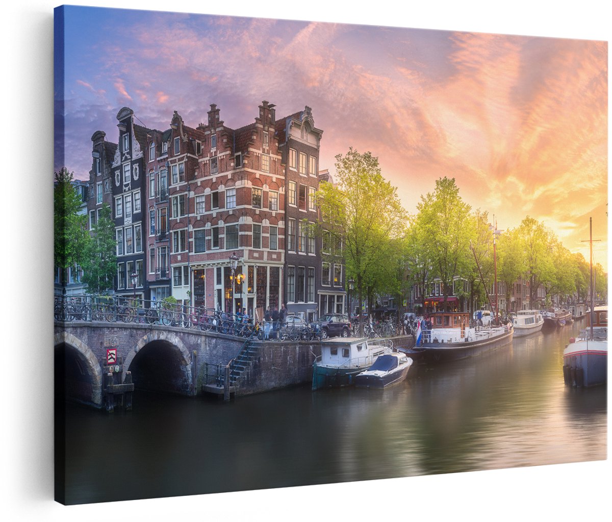 Artaza Canvas Schilderij Amsterdamse Grachten - 150x100 cm - Groot - Wanddecoratie Woonkamer - Schilderijen - Muurdecoratie