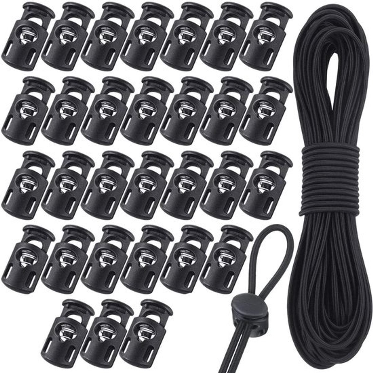 Elastisch koordslot met nylon touw en koordstopper - 30 stuks met 10 meter elastisch koord