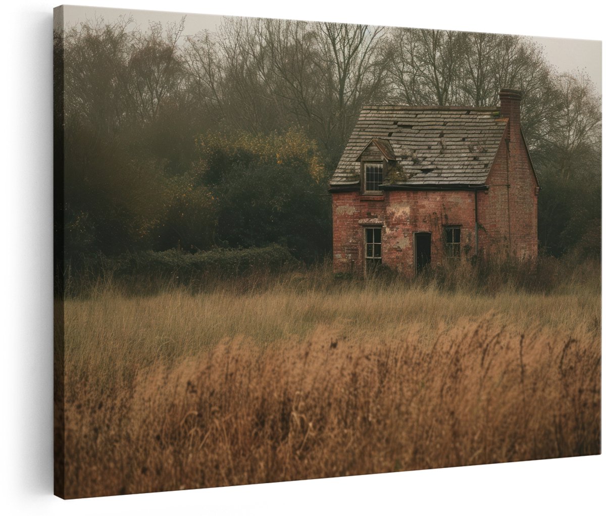 Artaza Canvas Schilderij Landschap - 150x100 cm - Groot - Wanddecoratie Verlaten Huisje - Muurdecoratie Natuur - Decoratie Herfst Veld