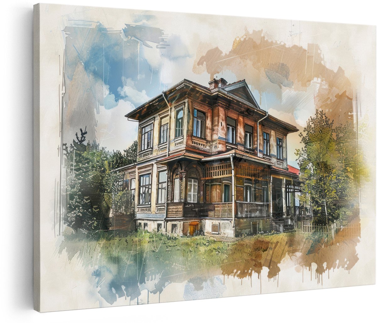 Artaza Canvas Schilderij Vintage Villa - 150x100 cm - Groot - Wanddecoratie Oud Huis - Muurdecoratie Aquarel - Schilderijen Op Canvas Landschap