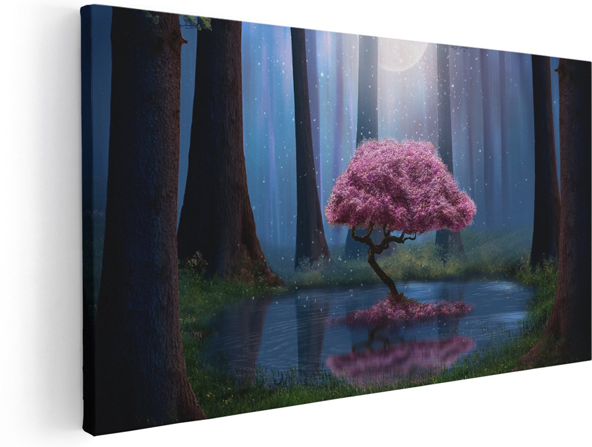 Artaza Canvas Schilderij Roze Boom Op Een Vijver In De Nacht - 140x70 cm - Groot - Wanddecoratie Woonkamer - Schilderijen - Muurdecoratie