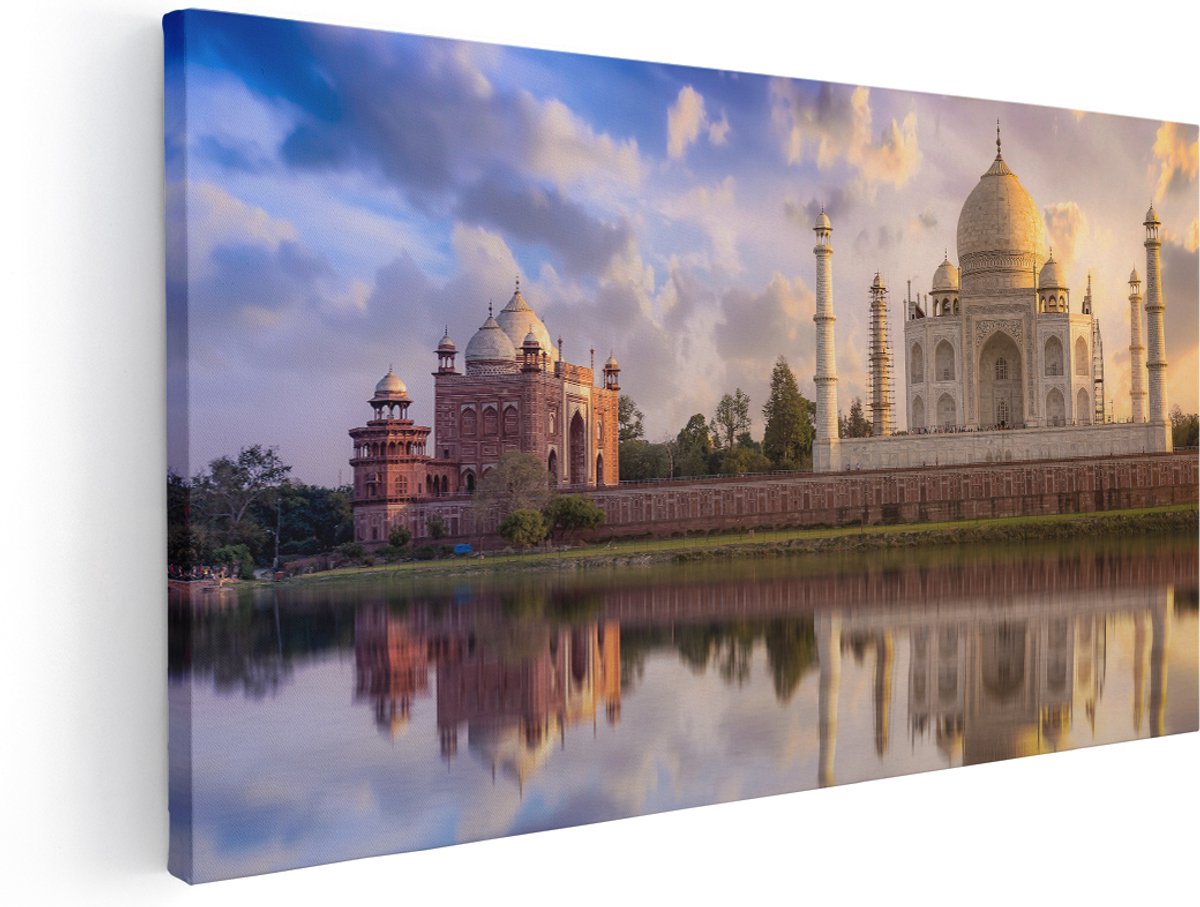 Artaza Canvas Schilderij Taj Mahal bij het Water in India - 140x70 cm - Groot - Wanddecoratie Woonkamer - Schilderijen - Muurdecoratie