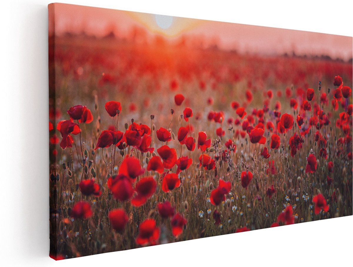 Artaza Canvas Schilderij Rode Klaprozen Bloemenveld Zonsondergang - 140x70 cm - Groot - Wanddecoratie Woonkamer - Schilderijen - Muurdecoratie