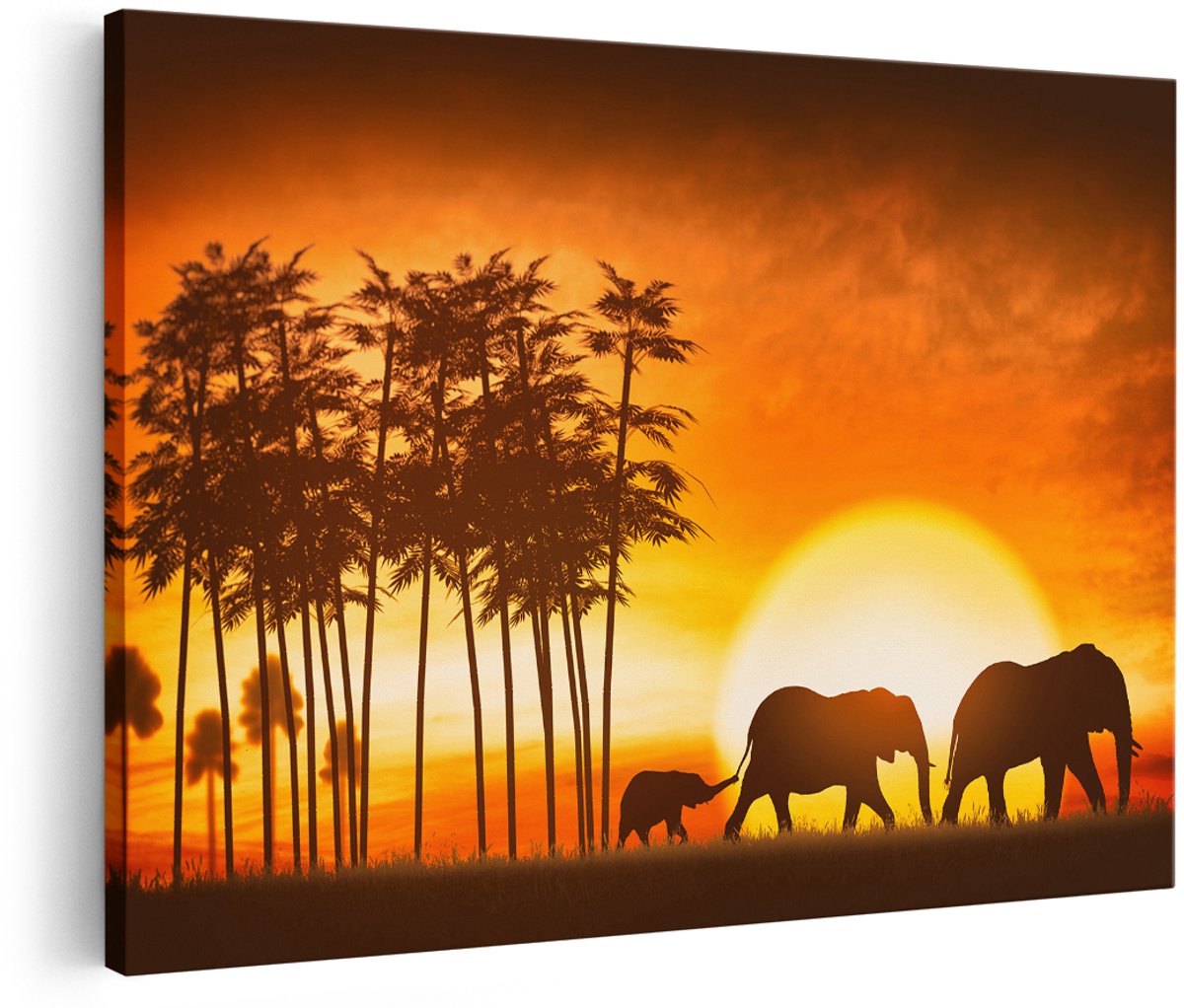 Artaza Canvas Schilderij Olifanten Familie bij Zonsondergang - 150x100 cm - Groot - Foto Op Canvas - Wanddecoratie Woonkamer