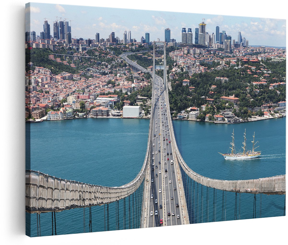 Artaza Canvas Schilderij Istanbul Bosporus Brug Vanaf Boven - 150x100 cm - Groot - Foto Op Canvas - Wanddecoratie Woonkamer
