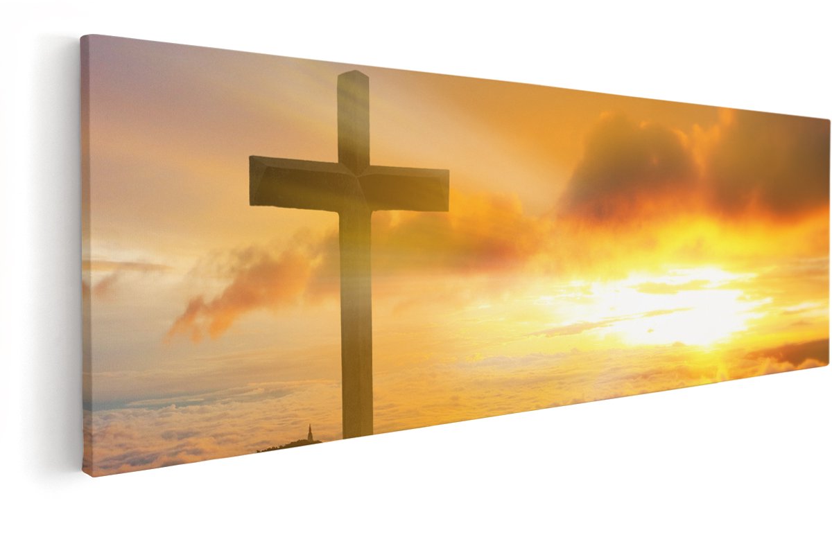 Artaza Canvas Schilderij Kruis van Jezus Christus bij Zonsondergang - 150x50 cm - Groot - Wanddecoratie Woonkamer - Schilderijen - Muurdecoratie