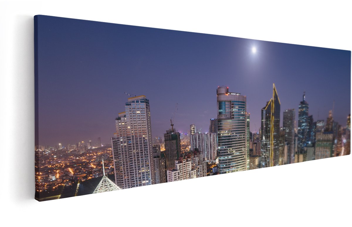 Artaza Canvas Schilderij Makati Stad Skyline in de Nacht in Thailand - 150x50 cm - Groot - Wanddecoratie Woonkamer - Schilderijen - Muurdecoratie