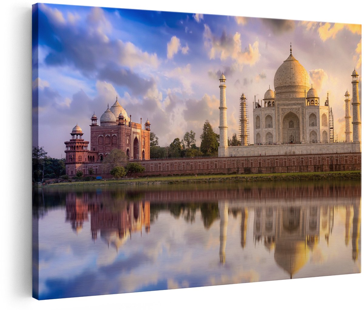 Artaza Canvas Schilderij Taj Mahal bij het Water in India - 150x100 cm - Groot - Foto Op Canvas - Wanddecoratie Woonkamer